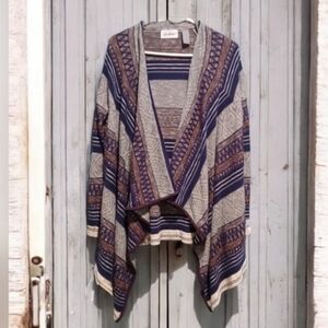 Le Moda Drape Striped Cardigan Sweater Womans Medium Tan Blue Maroon Drape